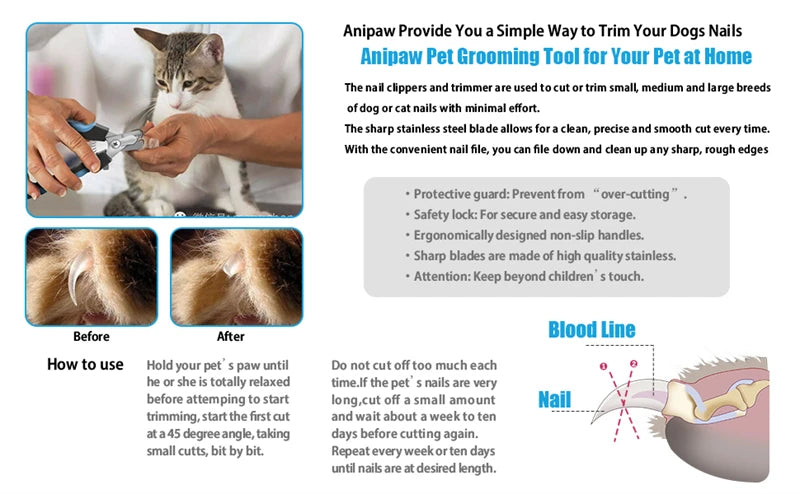 Coupe-ongles professionnel pour animaux de compagnie avec garde de sécurité Ciseaux en acier inoxydable pour chiens et chats pour le soin des griffes Fournitures de toilettage Taille unique
