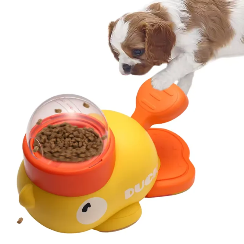 Distributeur interactif de friandises en forme de canard jaune pour chat, jouet d'entraînement durable en plastique pour chien, puzzle, mangeoire lente, jouet de divertissement pour chien.