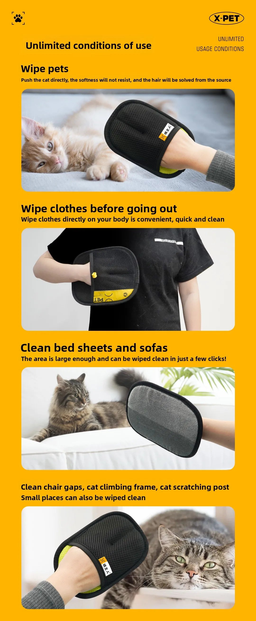 2 in 1 Pet Hair Removal Mitts for Cats Dogs Electrostatic Grooming Glove